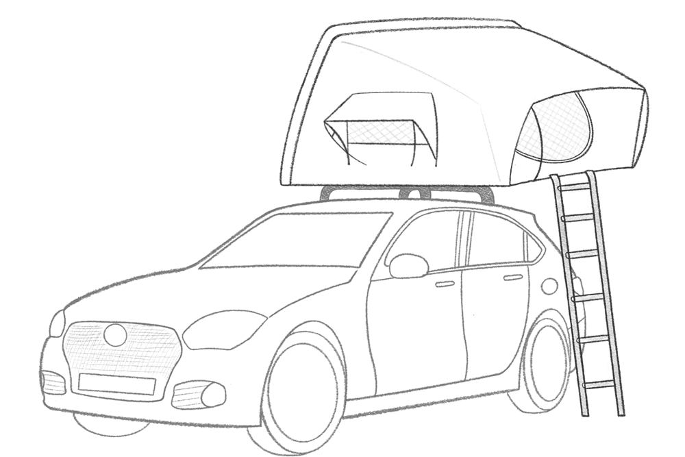 Ein gezeichnetes Dachzelt als Hybridvariante mit leicht gräulichem Auto