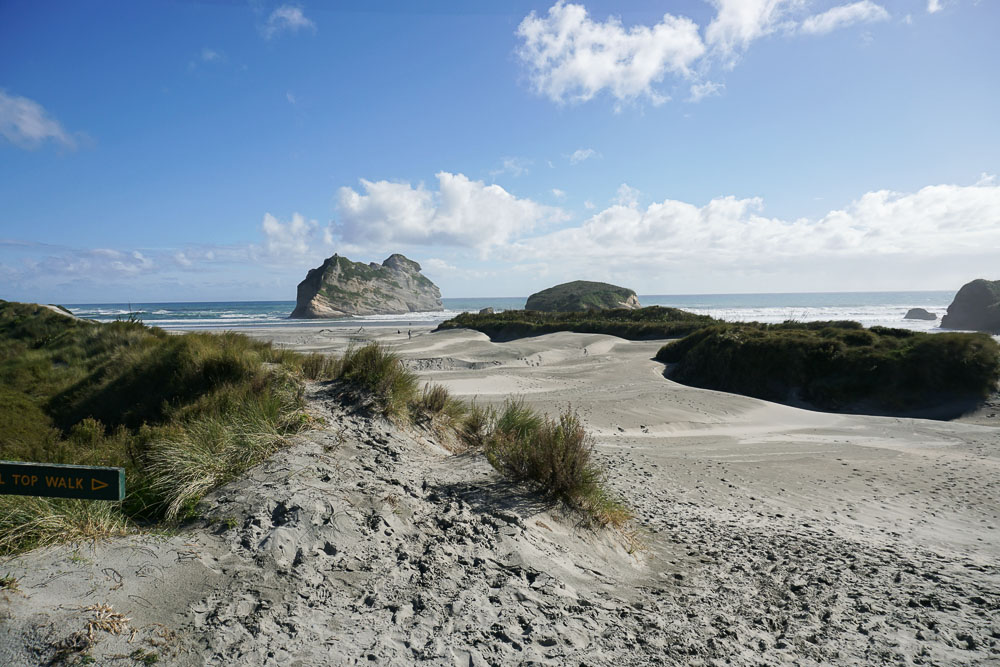 Ein Blick auf die Sanddünen am Wharariki Beach in der Region Tasman
